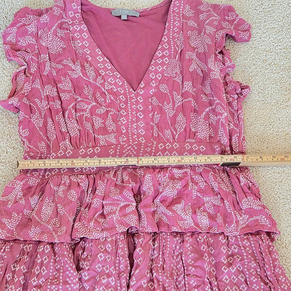 J Gee Tiered Ruffle Maxi Dress Womens 1X Pink Block Print Smocked Gypsy Boho - Picture 4 of 10